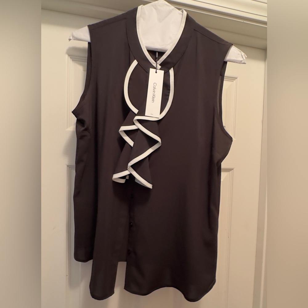 Calvin Klein Black Sleeveless Blouse with White Ruffle Trim
